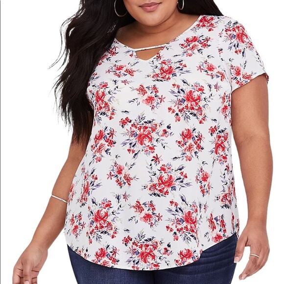 Torrid Womens Blouse Sz‎ 2 2X 18 20 White Floral Georgette Keyhole Chiffon Roses - Picture 1 of 7